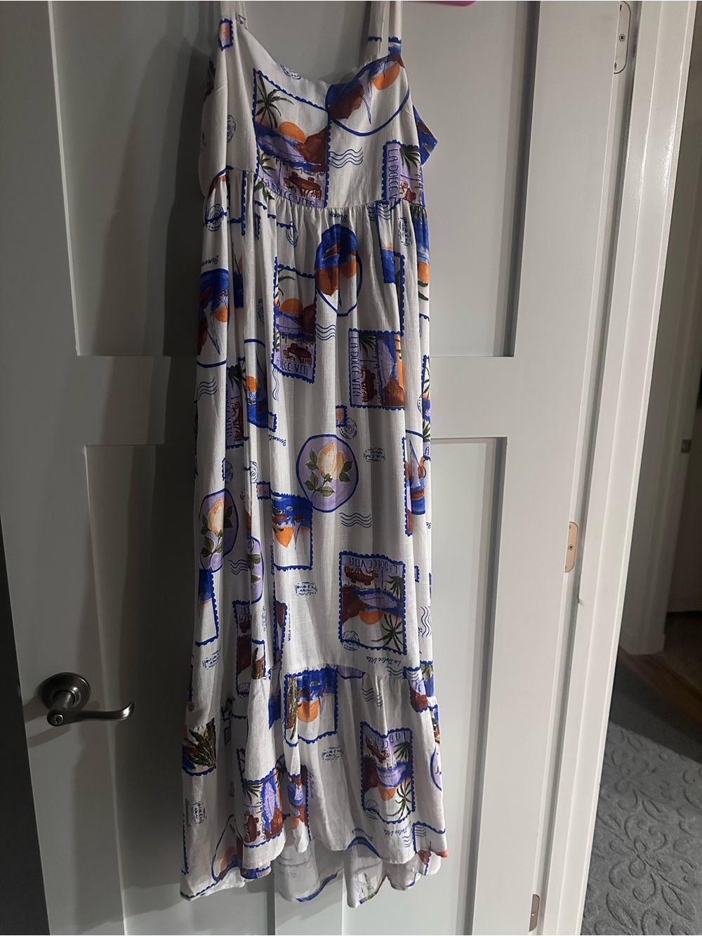 White Maxi Sundress with Blue & Orange Print